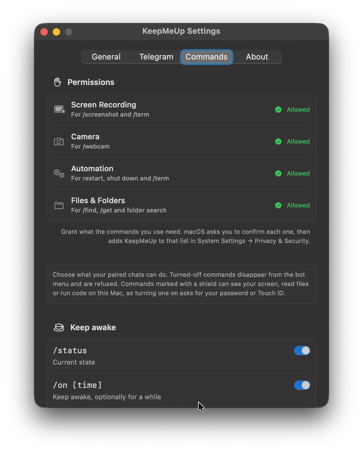KeepMeUp Settings, Commands tab: Screen Recording, Camera, Automation and Files and Folders permissions all allowed, then a switch for each bot command, starting with /status and /on.