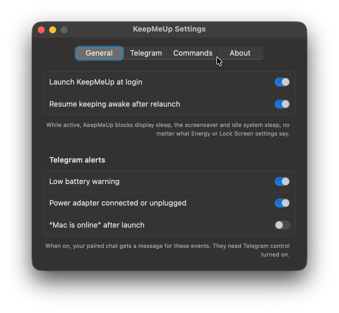 KeepMeUp Settings, General tab: launch at login, resume keeping awake after relaunch, and Telegram alerts for low battery, power adapter changes and Mac is online.