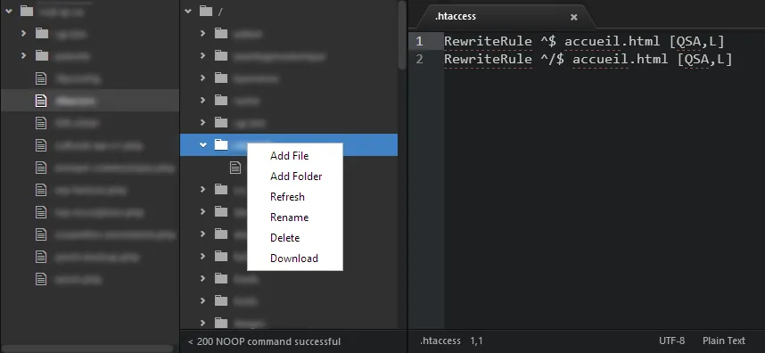 Atom with the remote-ftp package open: a server file tree with a context menu to add a file or folder, refresh, rename, delete or download, beside an .htaccess file in the editor. Folder names are blurred.