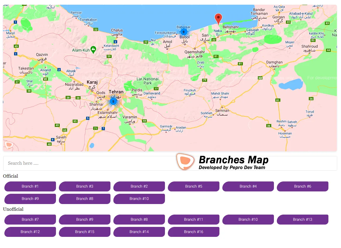 Branches Map on a page: a styled Google map of northern Iran with clustered branch markers showing 9 and 5, a search box under it, and branch buttons grouped as Official and Unofficial.