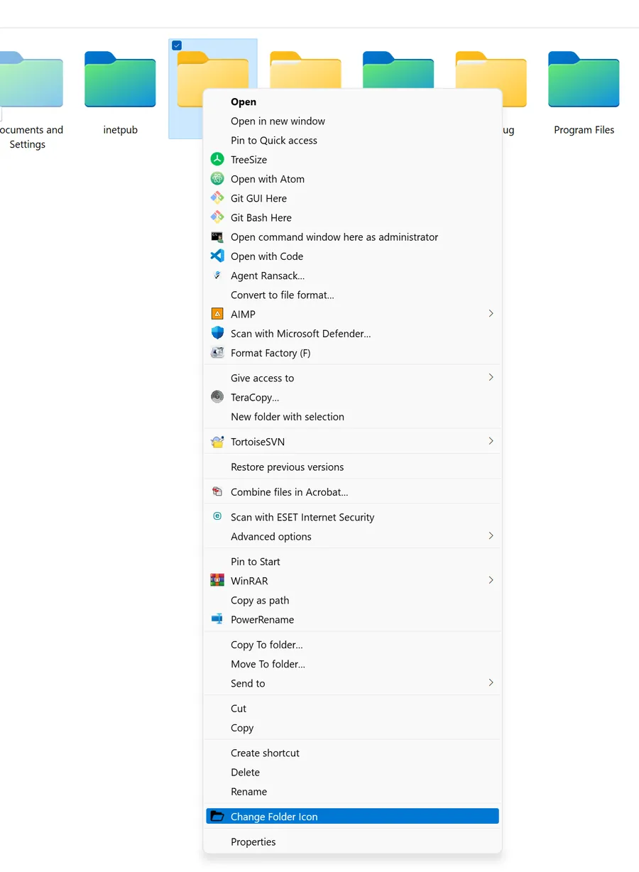 The Windows context menu for a selected folder, with Change Folder Icon added as the last item above Properties.
